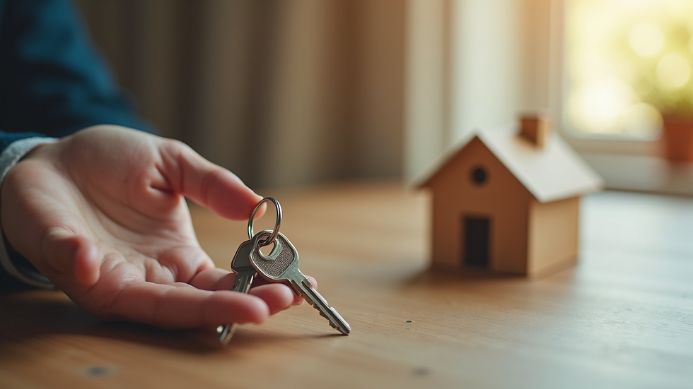 Close-up view of a hand holding house keys with a small house model in the background