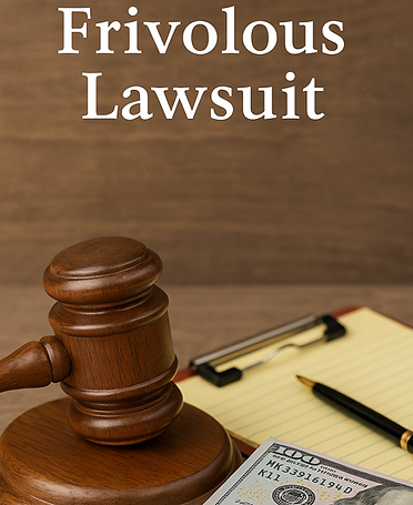 Judge’s gavel, stack of hundred-dollar bills, pen, and clipboard with notepad on a desk, with text ‘Frivolous Lawsuit’ above.