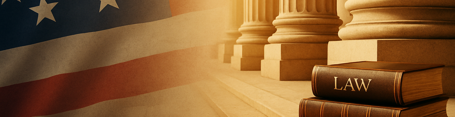 American flag overlay next to courthouse columns and a stack of law books symbolizing justice, legal authority, and patriotis
