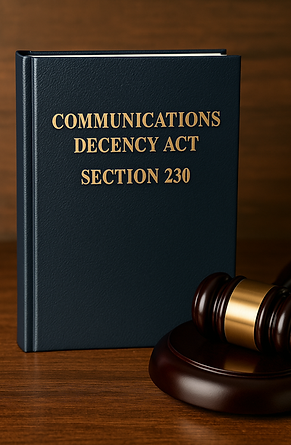 Book titled ‘Communications Decency Act Section 230’ standing on a wooden desk next to a judge’s gavel.