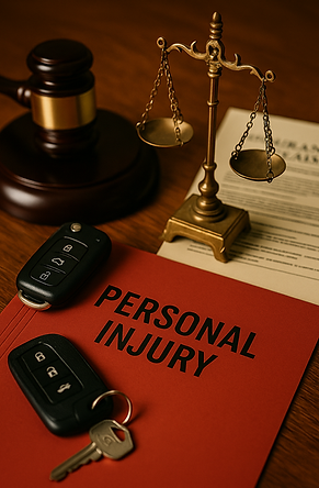 Personal injury case file with car keys, scales of justice, judge’s gavel, and legal documents on a wooden desk.
