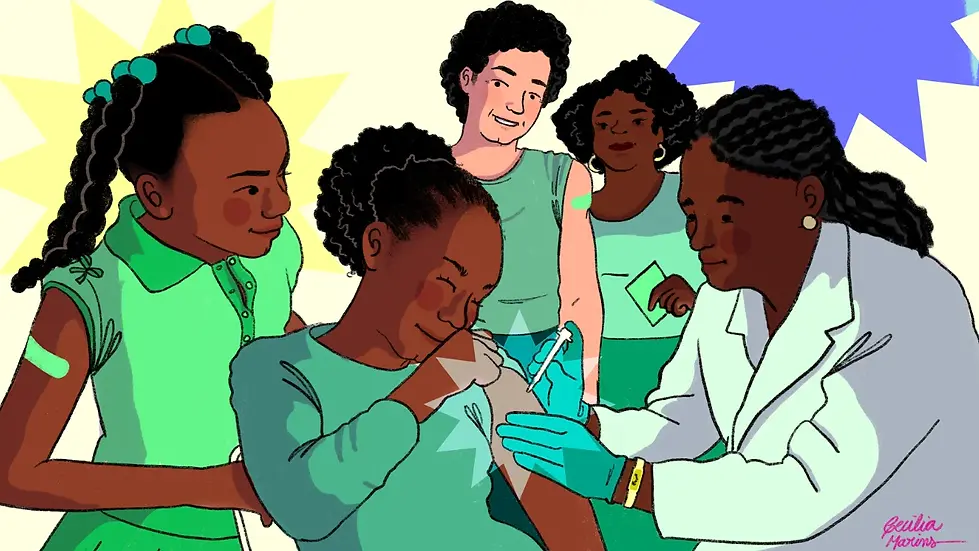 Imagem de menina jovem sendo vacinada. Ela está cercada pela família e todos estão felizes por esse momento.