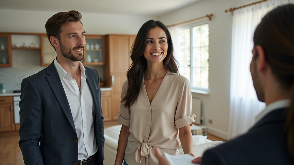 Eye-level view of a real estate agent showing a home to a couple