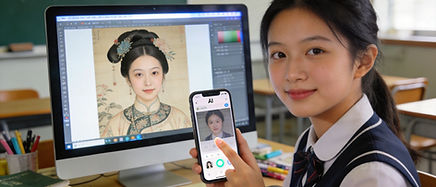 jimeng-2026-02-12-1272-香港女學生，穿著校服，利用 AI 攝影插件將自己的臉部嵌入到清代仕女圖中，然後在....png