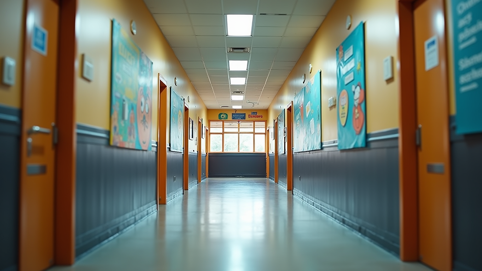 Eye-level view of school hallway decorated with branded banners and colors