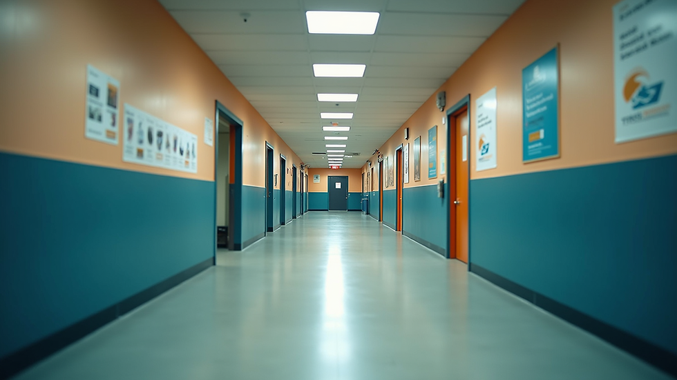 Eye-level view of school hallway with branded banners and colors