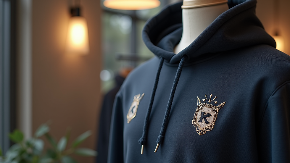 Close-up view of a custom embroidered hoodie on a mannequin