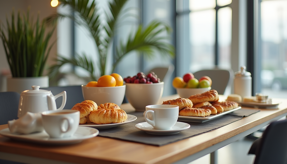 Breakfast spread of croissants, pastries and tea service on a table, a corporate breakfast catering setup in Toronto