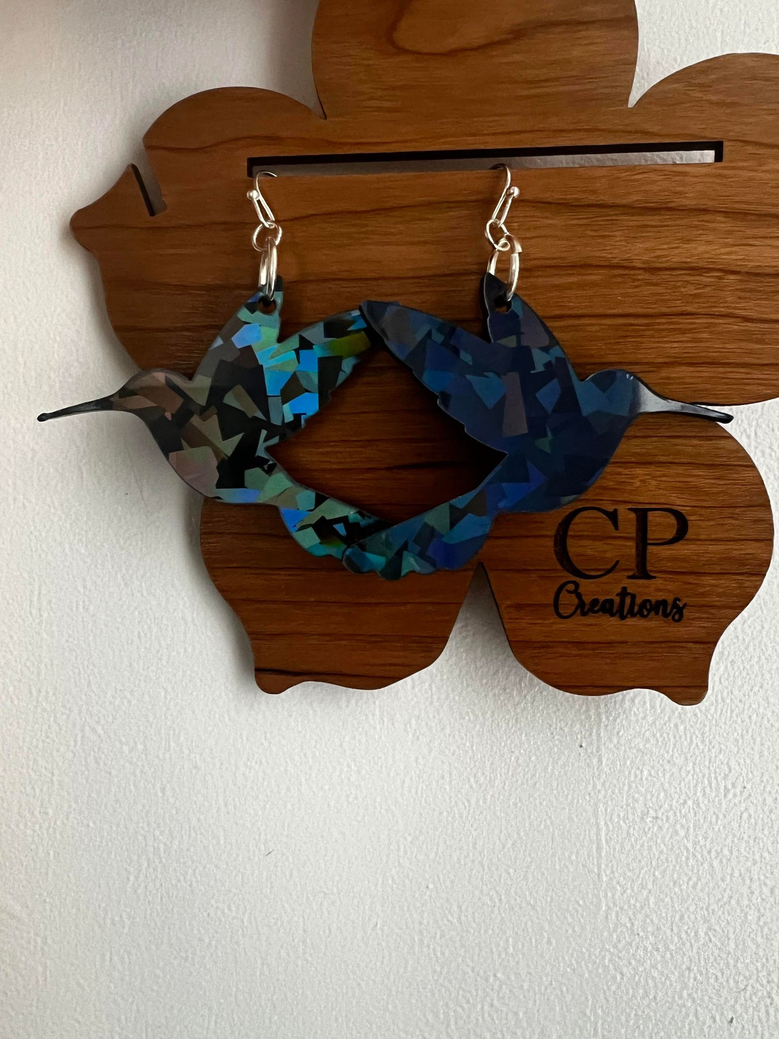 Holographic Black hummingbird earrings