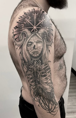 Black and grey illustrative arm sleeve tattoo woman abstract done by kk tattoo in toronto stigmata tattoos