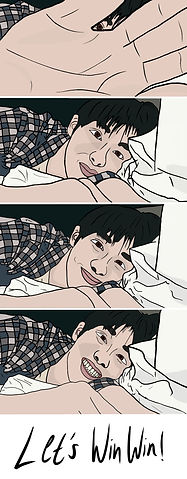 Photo strip art of Win-Win laying in bed smiling