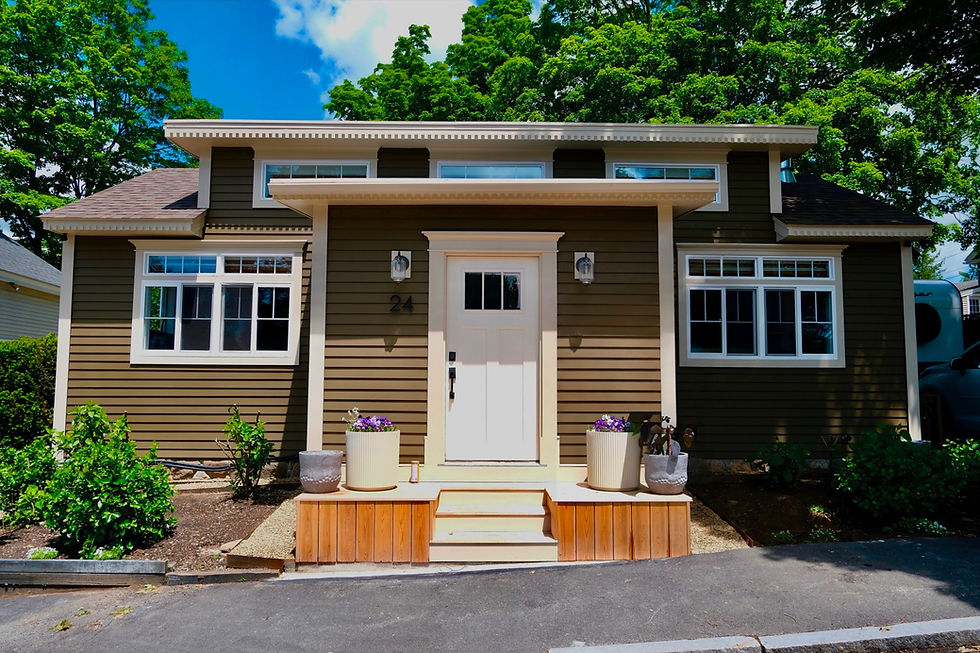 Modern home exteriors with olive green siding and white door.