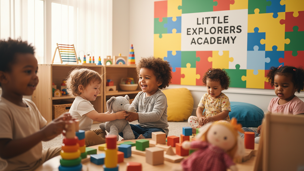 Eye-level view of colorful preschool classroom with educational toys