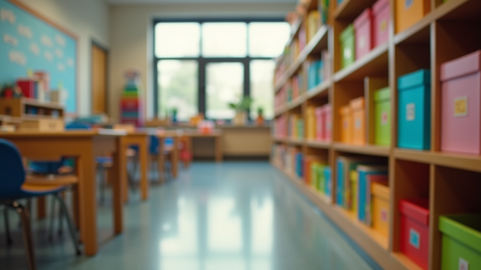 Eye-level view of colorful classroom shelves filled with educational toys and books