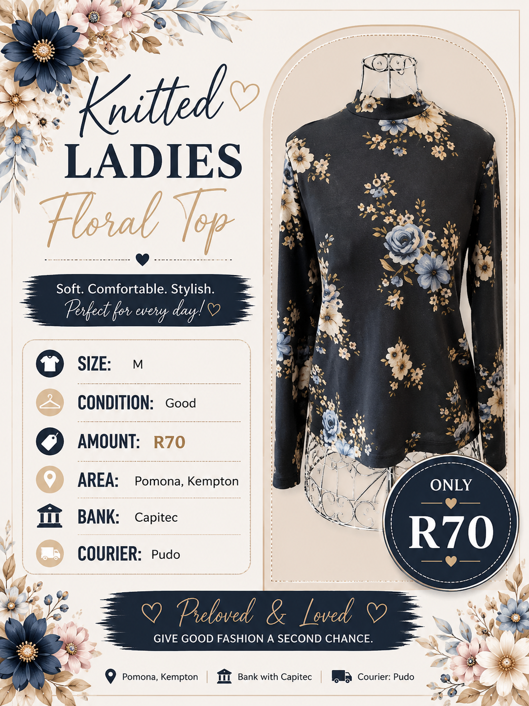 Knitted Ladies Floral Top - Size M