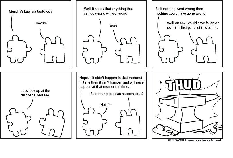 comic strip with dark humour about murphy's law as a tautology