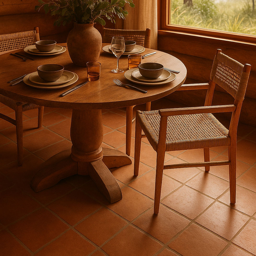 Table mise pour un repas, chaises en rotin