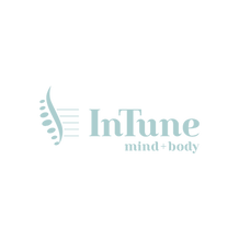 The suggestion of a spine and musical stave with the text Intune mind + body written alongside it in a sea green colour.