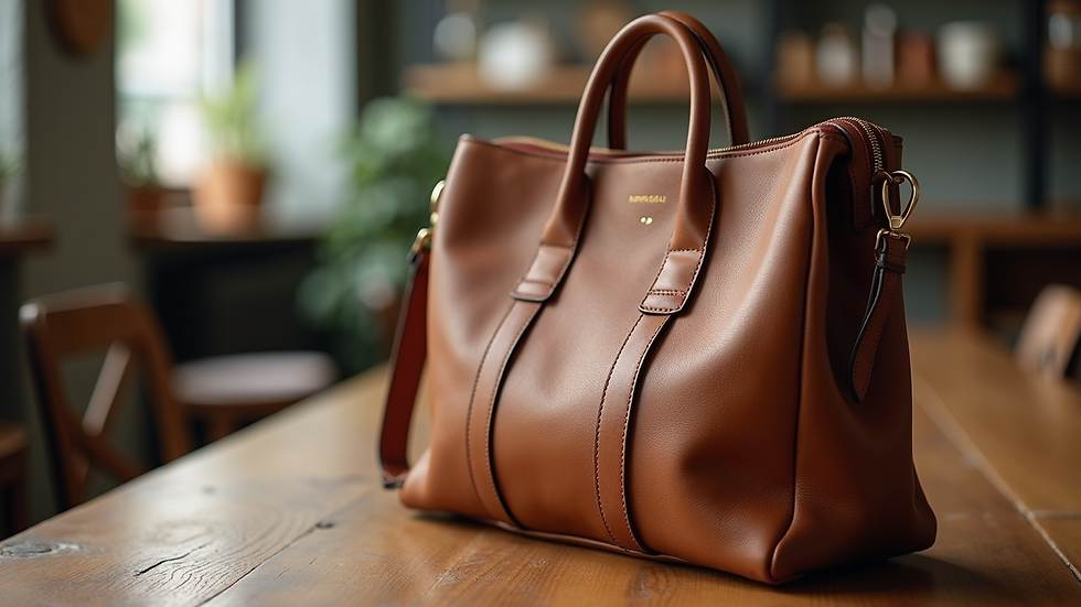Close-up view of a stylish leather bag on a wooden table