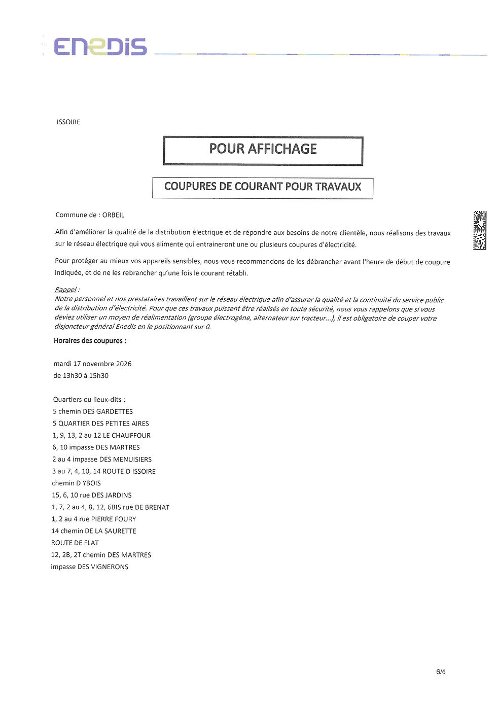 Coupure de courant le 17 novembre 2026