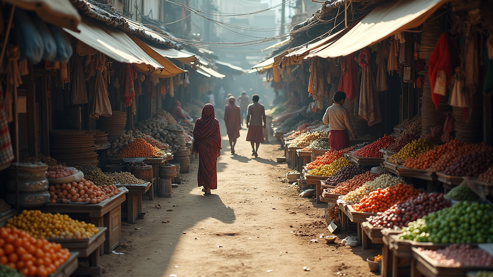 High angle view of a rural market with local vendors and customers