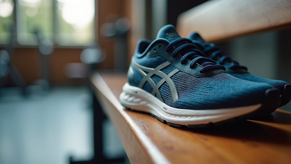 Close-up view of a gym membership card and a pair of running shoes on a wooden bench