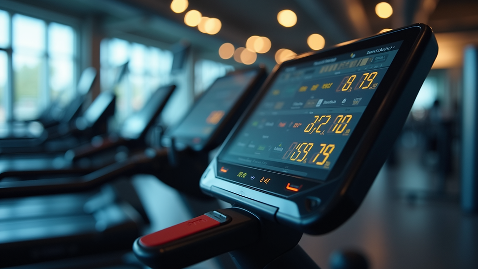 Close-up view of modern gym equipment with digital displays