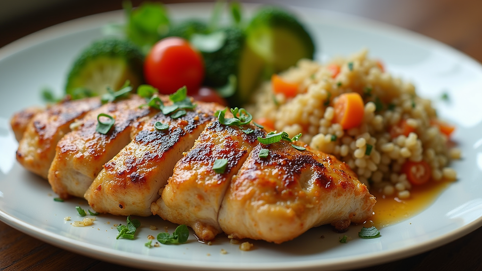 Close-up view of a colorful plate with grilled chicken, quinoa, and steamed vegetables