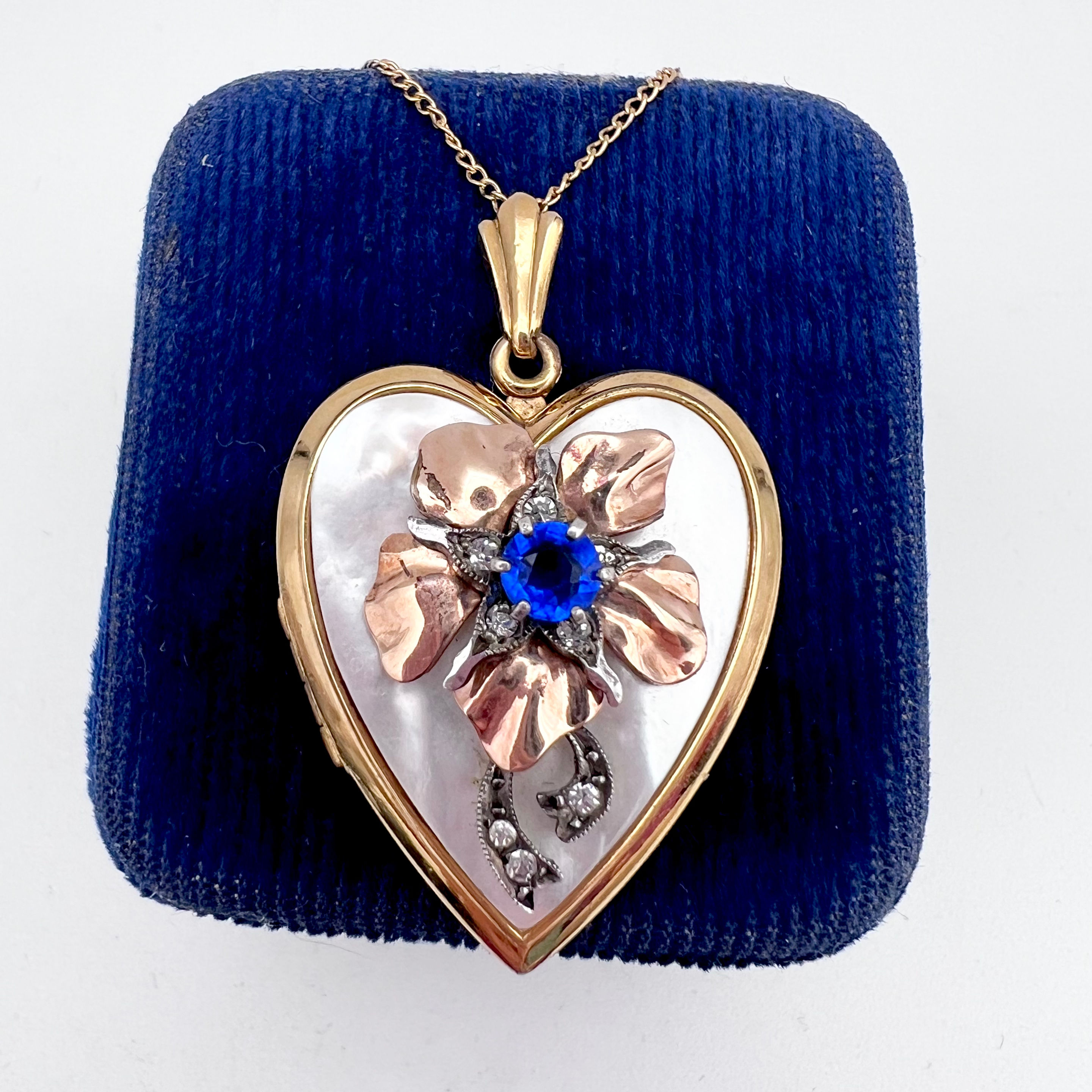 WWII Era Heart-Shaped Locket with Mother of Pearl & Crystal Floral Detail