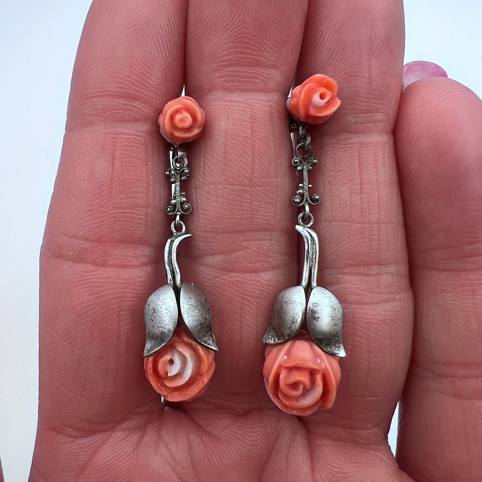 Thumbnail: Vintage 1930s Sterling Silver Carved Coral Rose Earrings