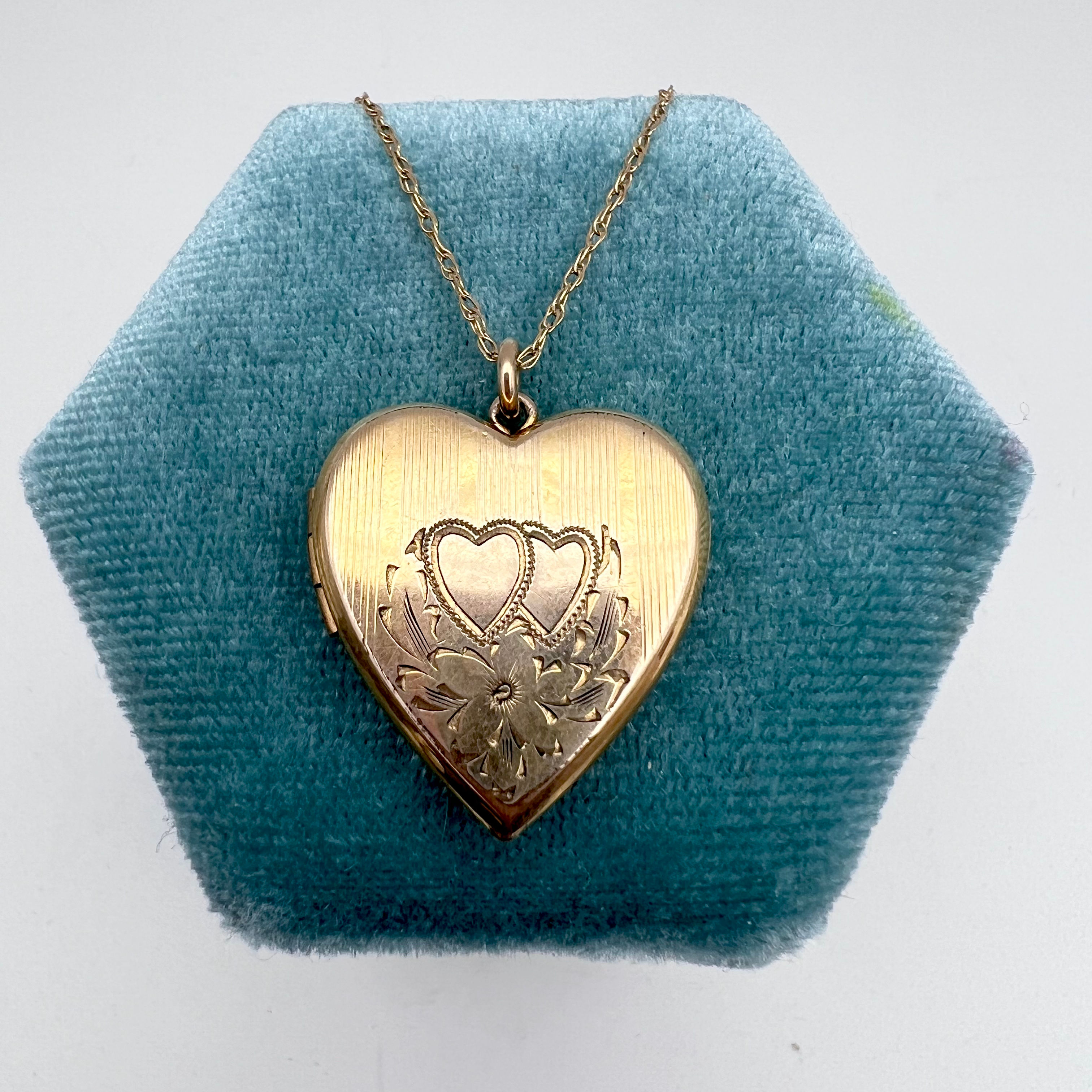 Vintage WWII Era Heart Locket with Double Heart & Floral Etching