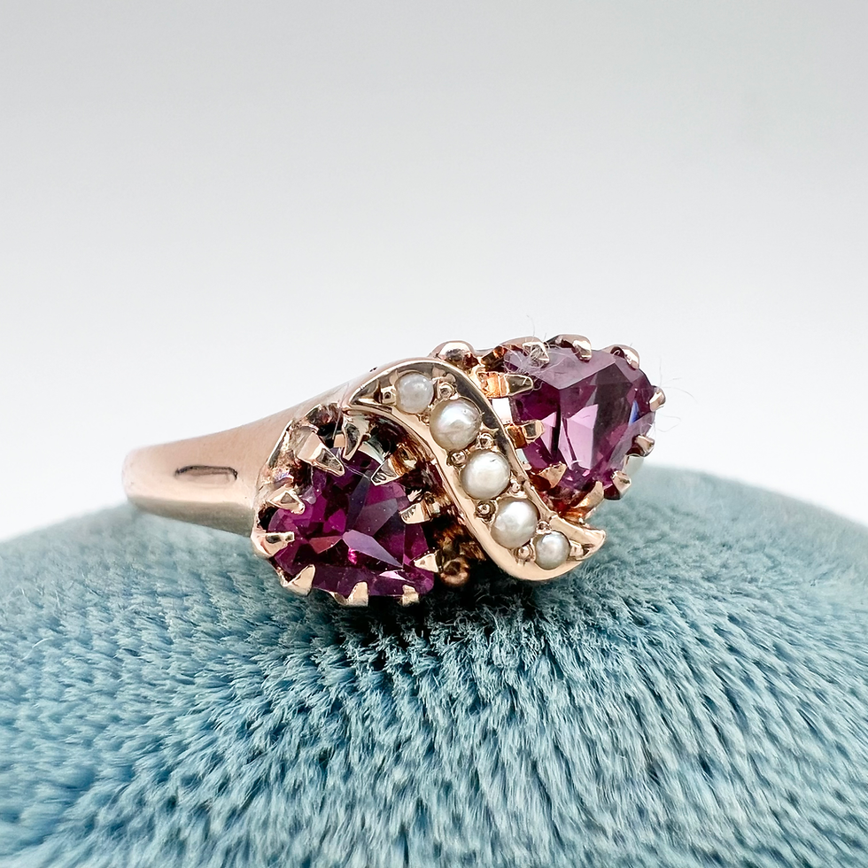 Thumbnail: Antique 14K Rose Gold Rhodolite Garnet & Seed Pearl Heart-Shaped Ring
