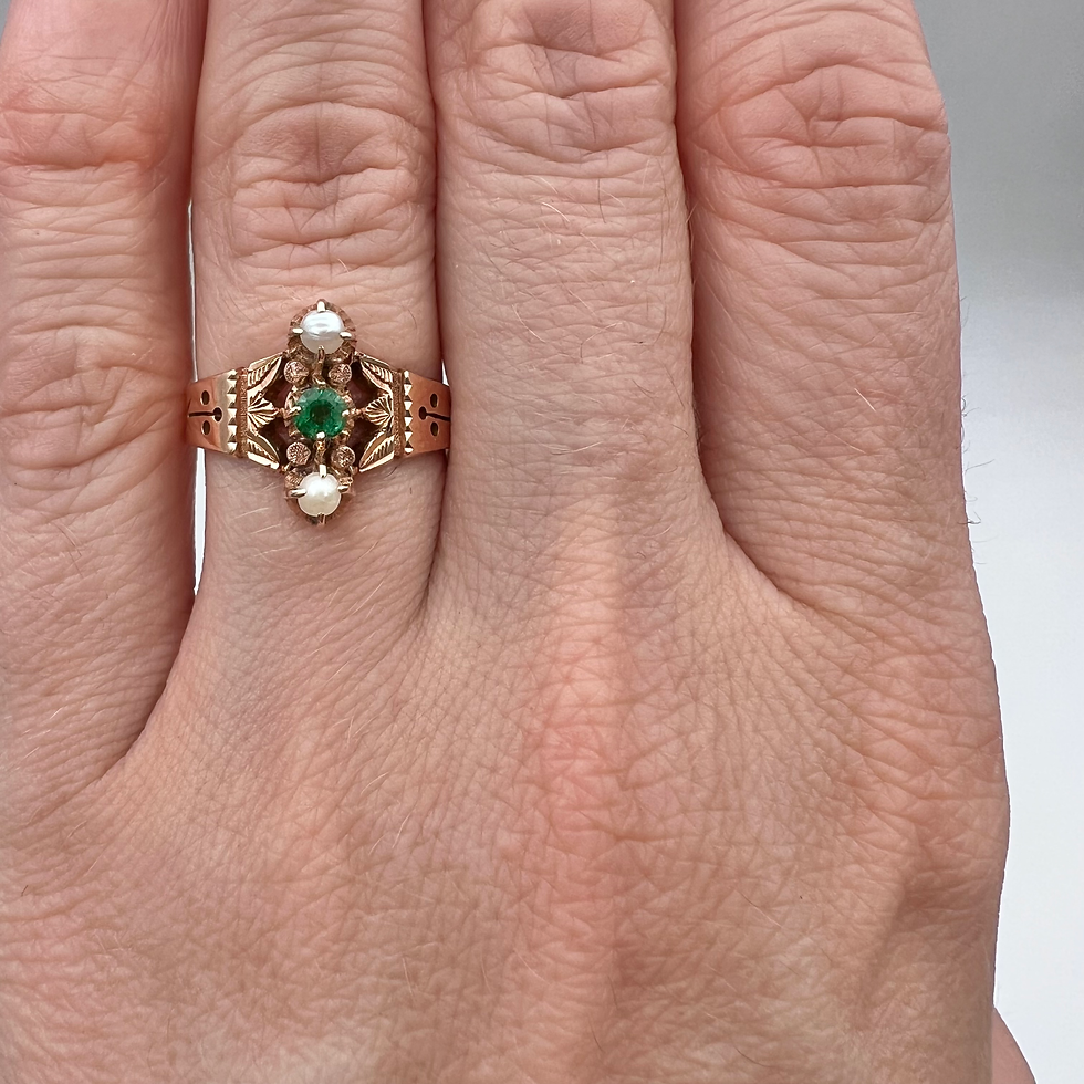 Thumbnail: Antique 14K Rose Gold Victorian Era Emerald & Pearl Ring