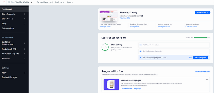 Wix Website Dashboard to access roles and permissions from settings