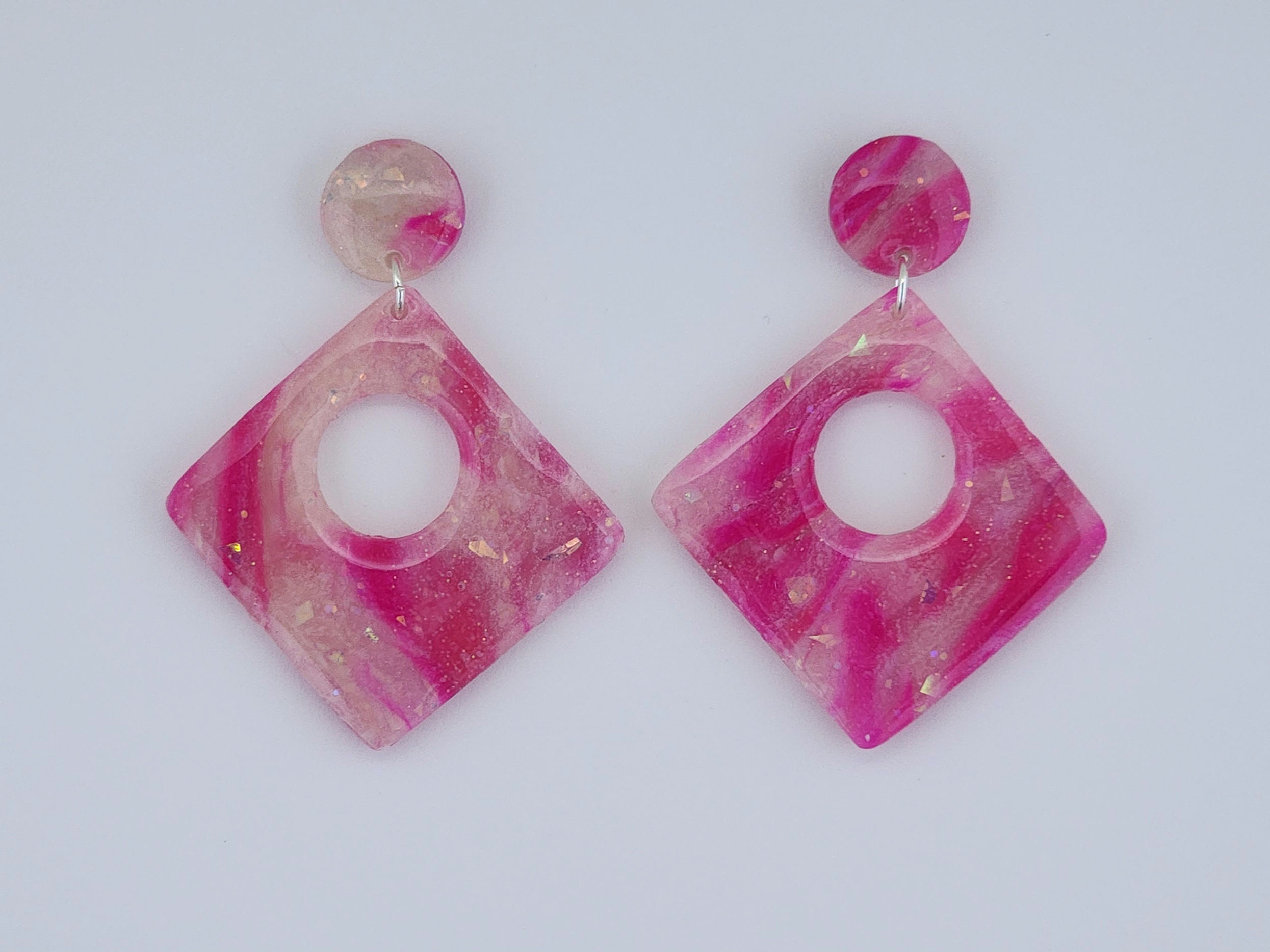 Sweetheart Tarts - Pink Opal Toggled Hollow Rhombus Studs - Md