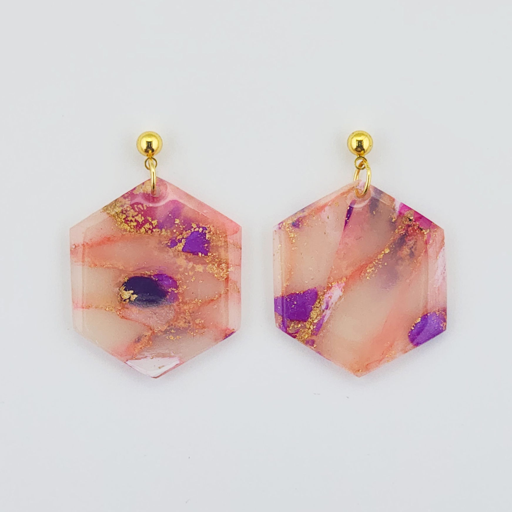 Apricot Glow Hexagon w/ 18k Gold Ball Stud Dangles - Md