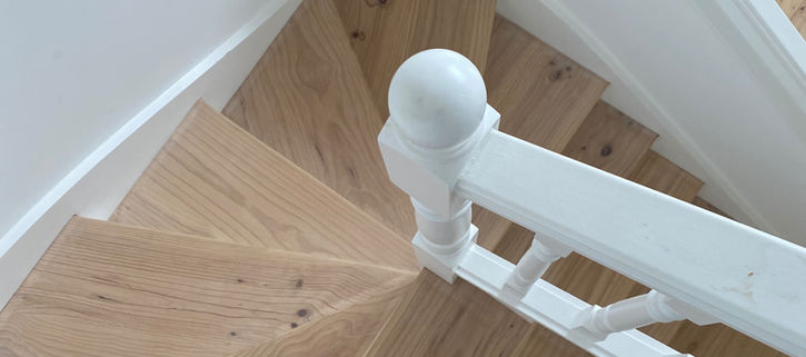 Colour scheme by Shaping Interiors. Light oak wood stairs with white banister