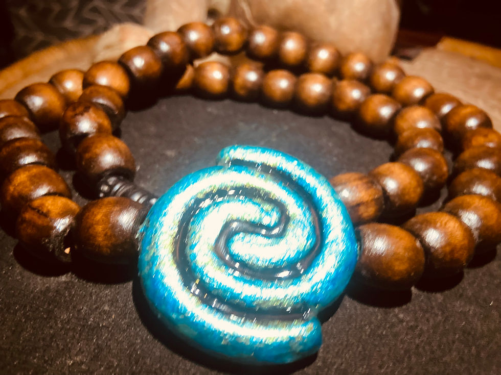 Thumbnail: Taino Inspired Wood Beaded Necklace with Ni Water Sign Pendant Amulet