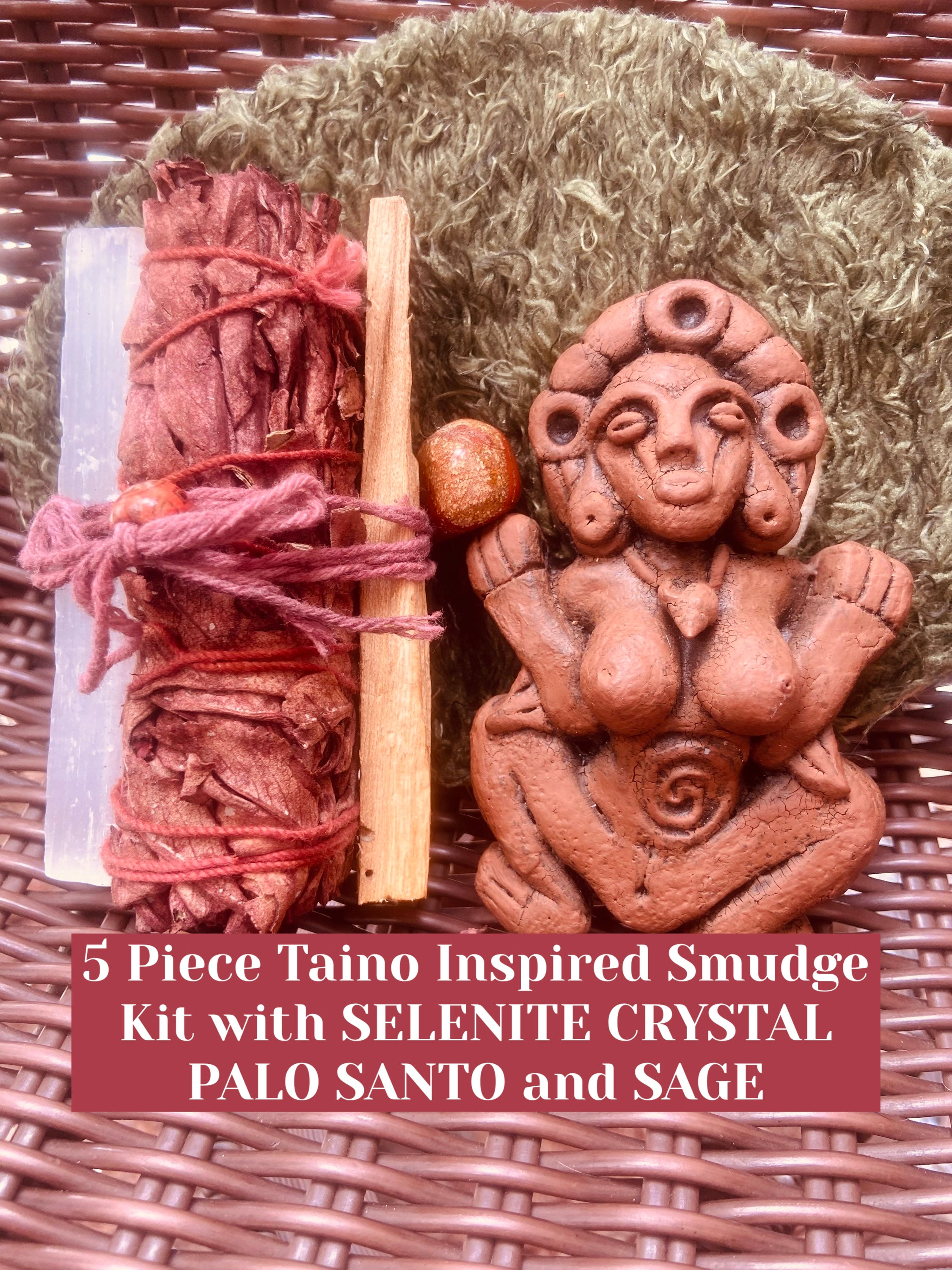 5 Pc Taino Guabonito Smudge Kit with SELENITE CRYSTAL PALO SANTO and SAGE