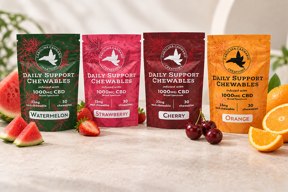 CBD Chewables available in Watermelon, Strawberry, Cherry, and Orange.