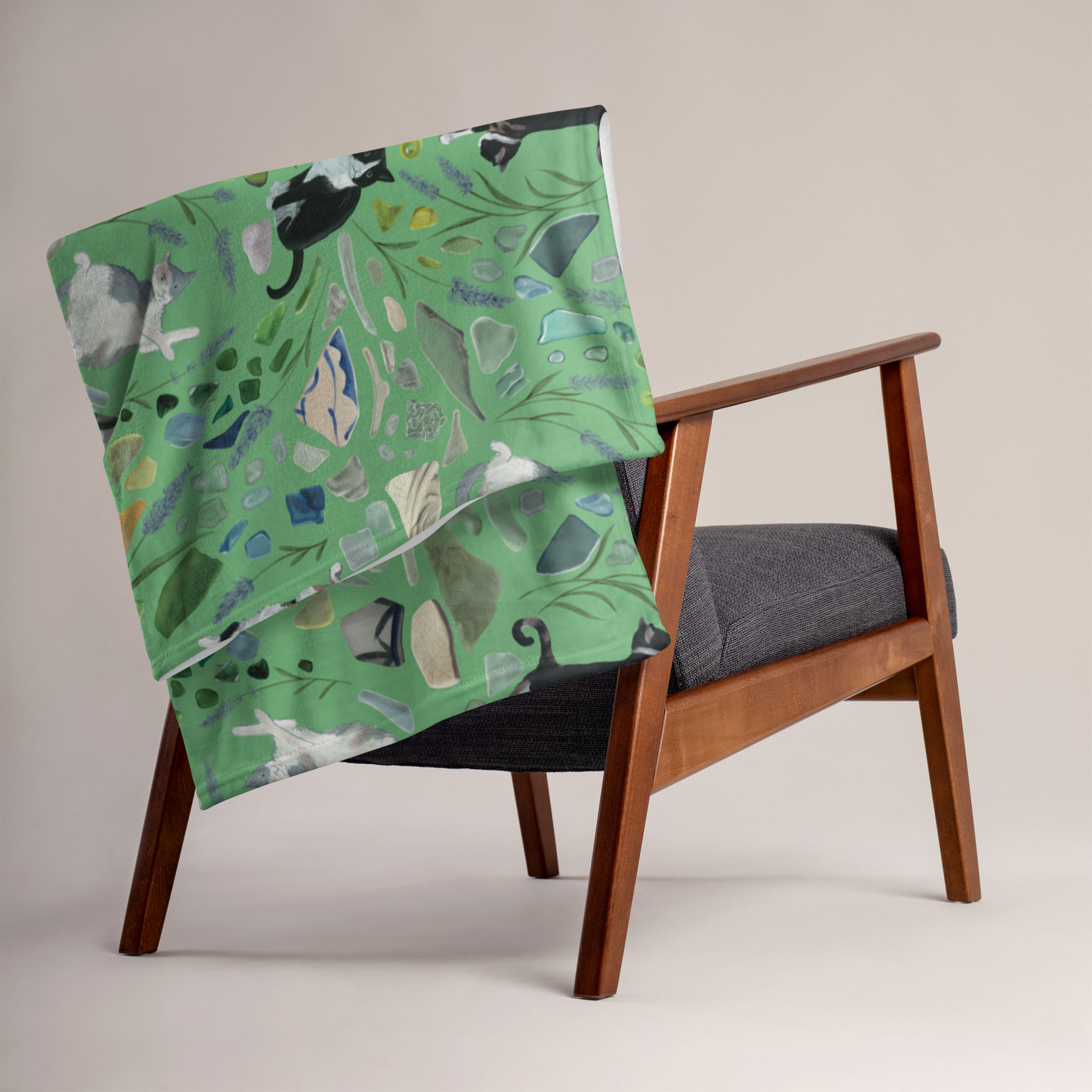 Cats & sea glass -Throw Blanket -bay leaf green