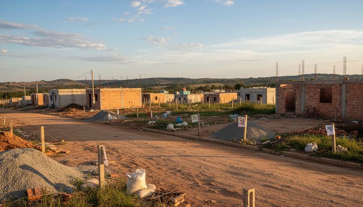 Vista ampla de um lote residencial em área urbana com ruas simples e casas em construção.