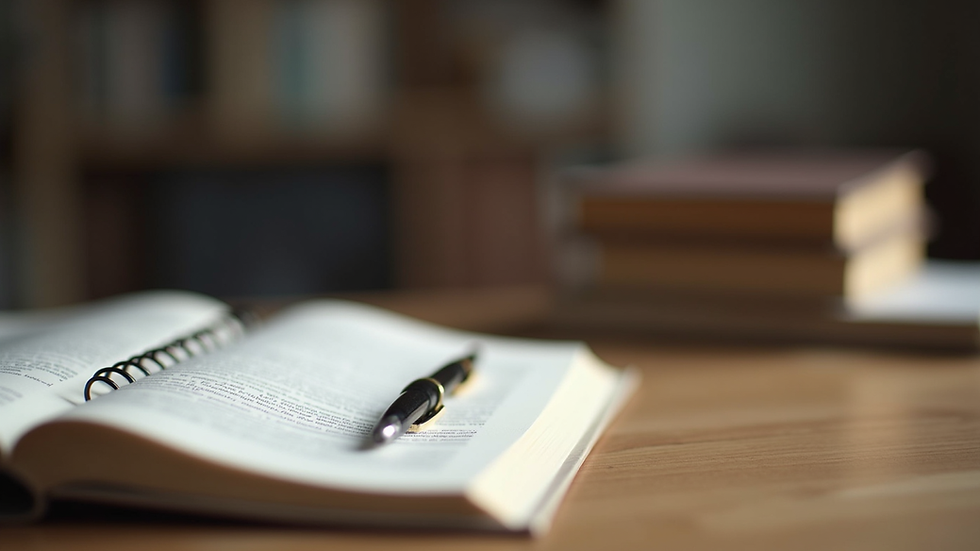 Close-up view of legal books and a pen on a wooden table