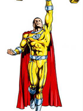 Superhero in yellow costume holding barbell