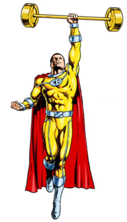 Superhero in yellow costume lifting golden barbell