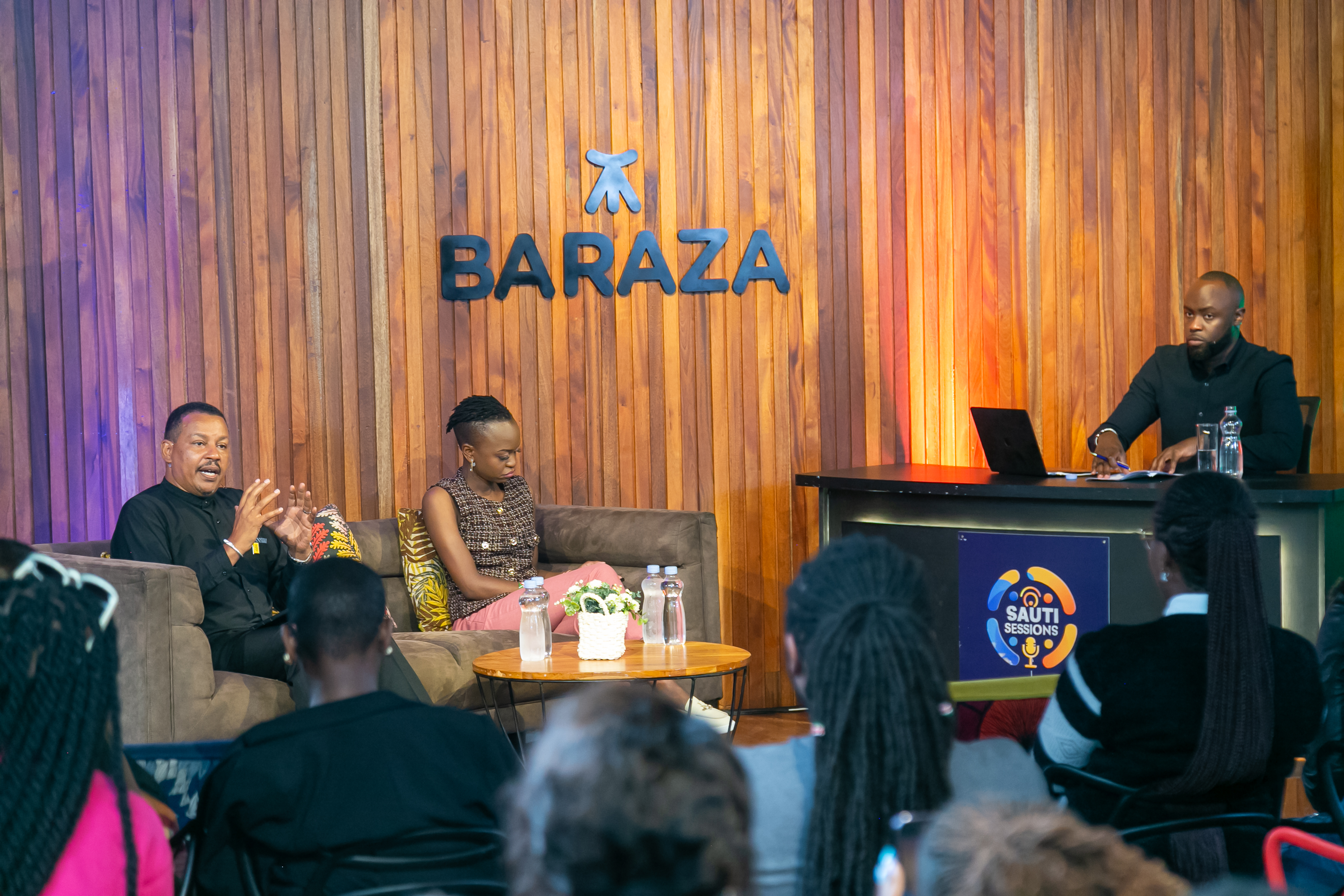 Ian Wafula (right) moderates discussion with Irungu Houghton and Nerima Wako. [Photo/ Sauti Sessions]