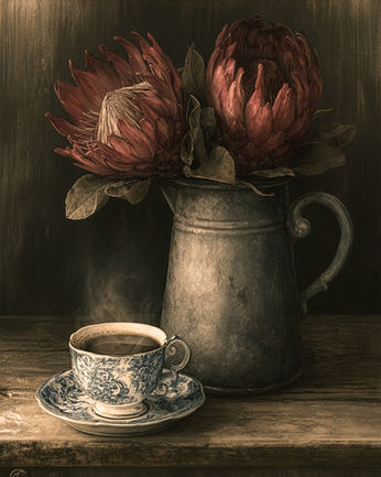 Moody King Protea Still Life Print, Vintage Teacup, Dark Botanical Farmhouse Decor (Digital Download)
