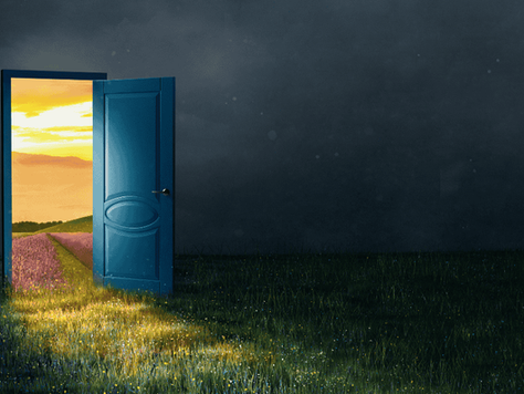 A blue door opens to a colorful field at sunset, casting light onto a dark grassy landscape. Mysterious and inviting atmosphere.