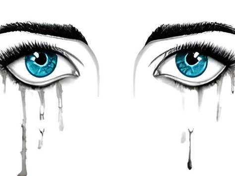 Illustration of blue eyes with long lashes, tears streaming down, against a white background. Emotive and dramatic mood.