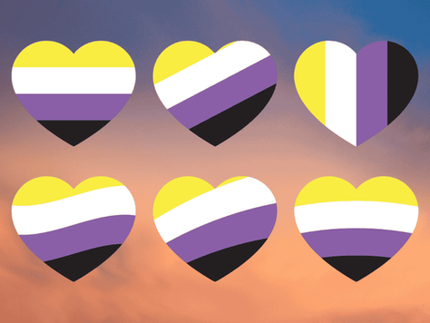 Six heart shapes with non-binary flag colors (yellow, white, purple, black) against a sunset sky background.